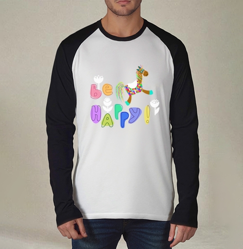 Фотография футболки Яркая игрушка-конь с позитивной надписью Be Happy