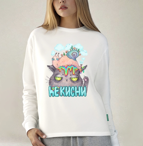 Фотография футболки Унылый кот с яркой улиткой и радужными каплями
