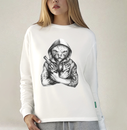 Фотография футболки Опасный татуированный антропоморфный вооруженный кот сфинкс бандит