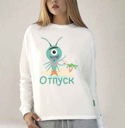 Фотография футболки Весёлый зелёный циклоп отдыхает на острове под пальмой в отпуск