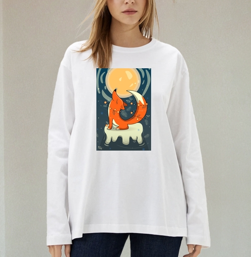 Фотография футболки Лисица в гирляндах ловит снежинку в зимнюю ночь