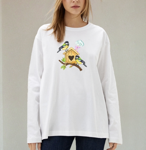 Фотография футболки Птицы и скворечник весенний мотив уют и любовь