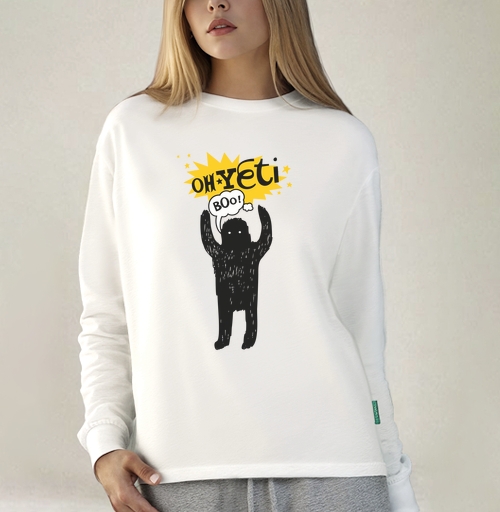 Фотография футболки Забавный йети с поднятыми руками и надписью oh Yeti