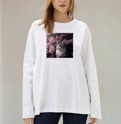Фотография футболки Cat in sakura – Полосатый кот среди розовых лепестков Кот сакура вишня