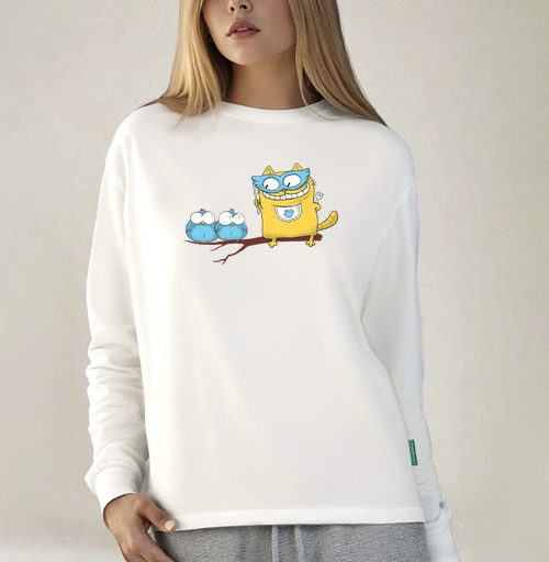 Фотография футболки Yellow Superhero Cat / Желтый супергерой кот угрожает маленьким синим птичкам
