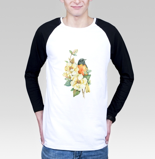 Мужская футболка с длинным рукавом, реглан с рисунком Ветка магнолии 183849, размер 46 (S) &mdash; 58 (4XL), цвет белый/черный, материал - 100% хлопок высшее качество - купить в интернет-магазине Мэриджейн в Москве и СПБ