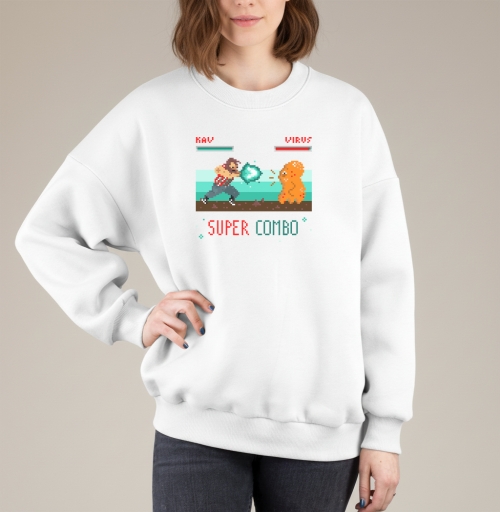 Фотография футболки Энергичная битва в пиксель-арт стиле с SUPER COMBO