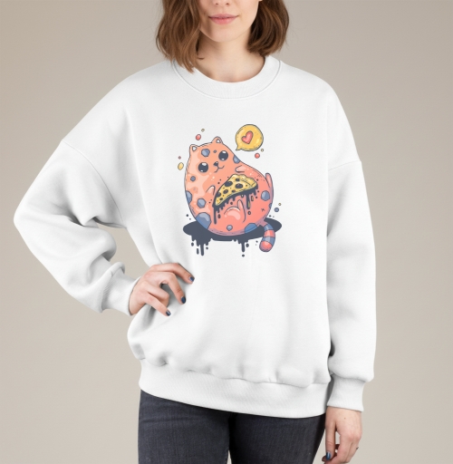 Фотография футболки Милый кот с гигантской пиццей в стиле Creepy Cute