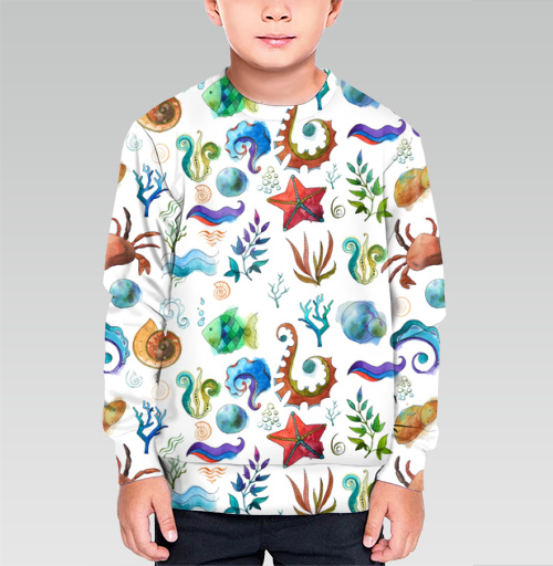 Фотография футболки Морской паттерн с крабом, рыбой и волнами