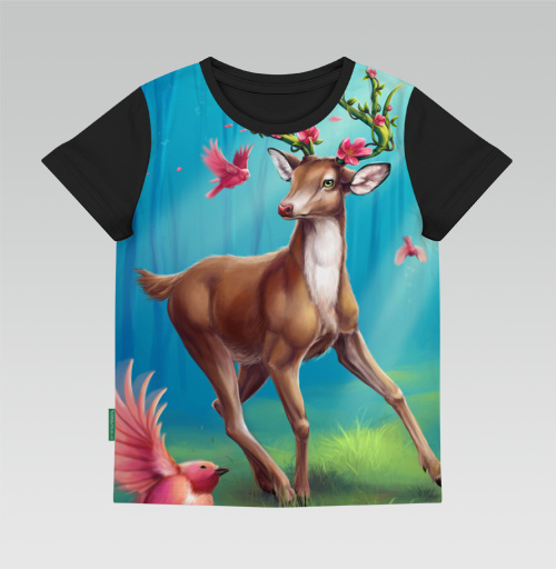 Фотография футболки Весенний олень с розовыми птицами и цветущими рогами