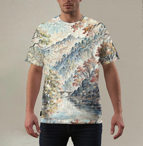 Фотография футболки Осенние деревья возле реки винтажный рисунок