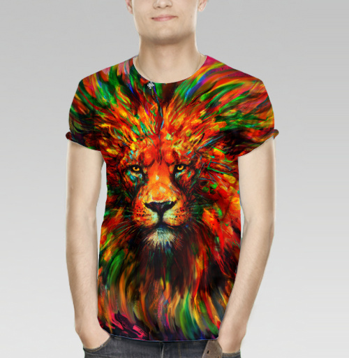 Мужская футболка 3D с рисунком Лев красочный 184212, размер 42 (XXS) &mdash; 60 (5XL) - купить в интернет-магазине Мэриджейн в Москве и СПБ