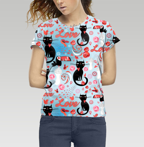 Фотография футболки Влюблённые коты и птицы