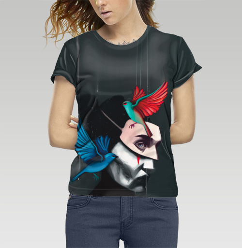 Фотография футболки Сюрреалистический портрет девушка в маске с птицами кукловод