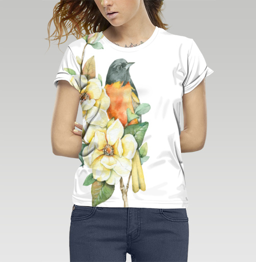 Женская футболка 3D с рисунком Ветка магнолии 183849, размер 38-40 (XS) &mdash; 48-50 (2XL) - купить в интернет-магазине Мэриджейн в Москве и СПБ
