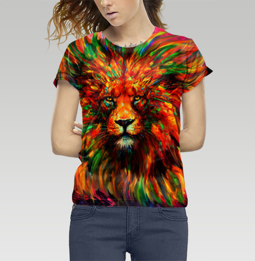Женская футболка 3D с рисунком Лев красочный 184212, размер 38-40 (XS) &mdash; 48-50 (2XL) - купить в интернет-магазине Мэриджейн в Москве и СПБ