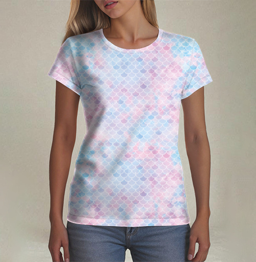 Фотография футболки Чешуя русалки в пастельных тонах, голубой с розовым принт