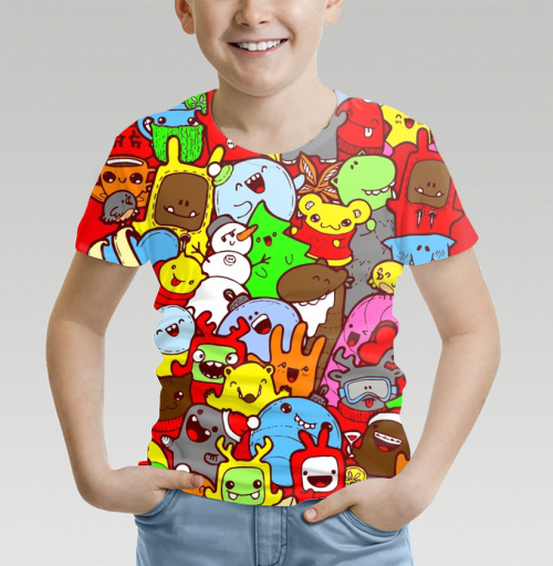 Фотография футболки Прикольный праздничный принт с дудлами цветной