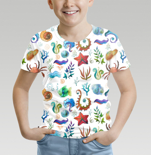 Фотография футболки Морской паттерн с крабом, рыбой и волнами
