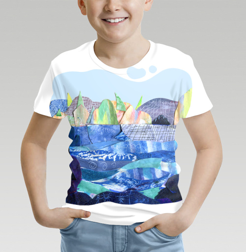 Фотография футболки Коллаж с пейзажем, озеро и скалы