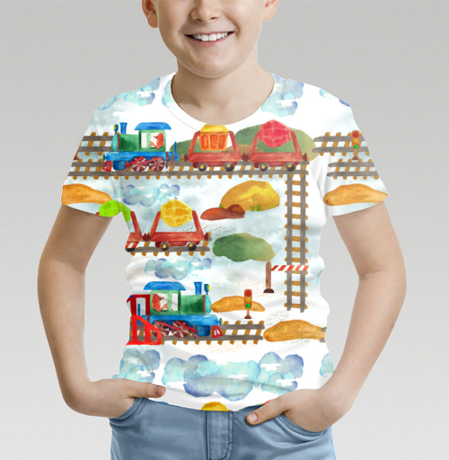 Фотография футболки Паровозики,детский паттерн .Железная дорога