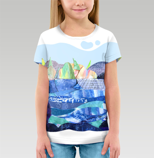 Фотография футболки Коллаж с пейзажем, озеро и скалы