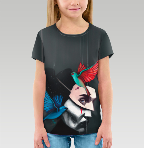 Детская футболка 3D с рисунком Сюрреалистический портрет девушка в маске с птицами кукловод 178087, размер 2-3года (98) &mdash; 10лет (146) - купить в интернет-магазине Мэриджейн в Москве и СПБ