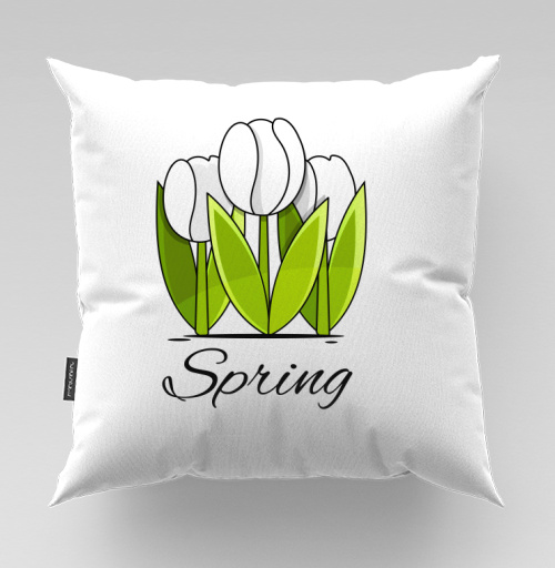 Фотография футболки Белые тюльпаны и зелёные листья весна надпись Spring