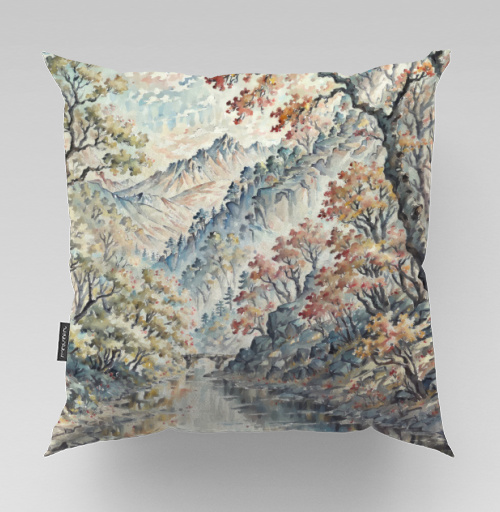 Фотография футболки Безмятежный осенний пейзаж с рекой и горами