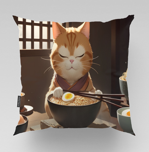 Фотография футболки Рыжий кот наслаждается раменом горячим вкусным блюдом