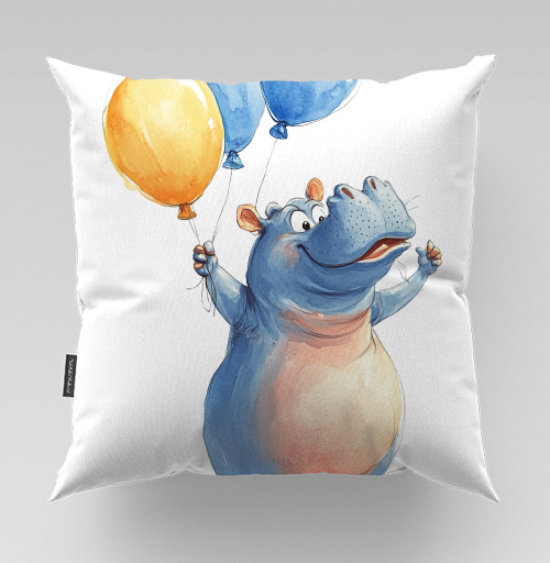 Фотография футболки Watercolor Blue Hippo with Balloons / Акварельный бегемот с шариками