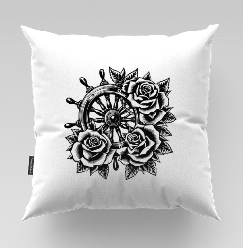 Фотография футболки Штурвал корабля с пышными розами в стиле тату Roses Tattoo Style