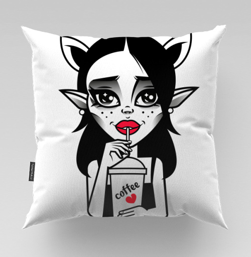 Фотография футболки Stylish Demon Girl Drinking Coffee / Стильная Демонесса Пьет Кофе Сердце