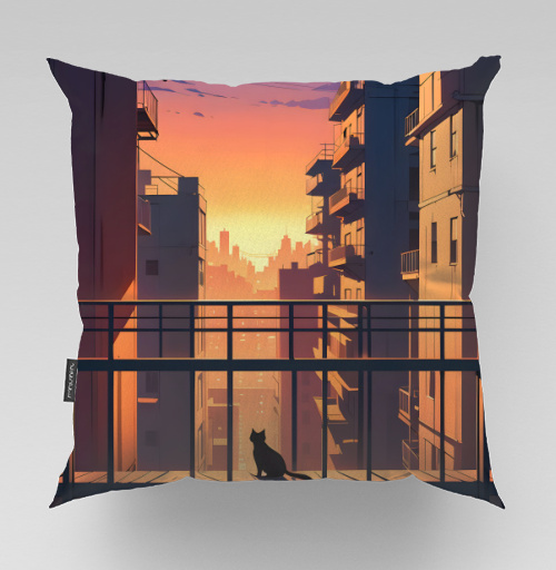 Фотография футболки Silhouette Cat Watching City Sunset Силуэт кота смотрящего на закат города