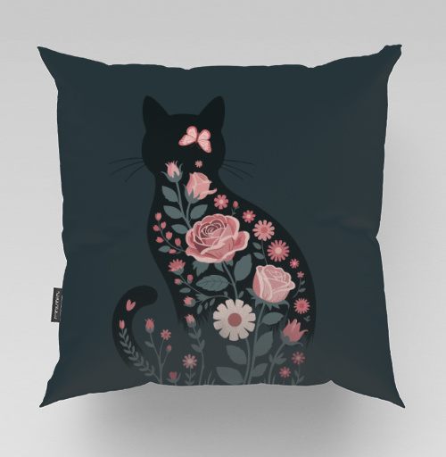 Фотография футболки Изящный грациозный силуэт черного кота в розах Floral cat rose