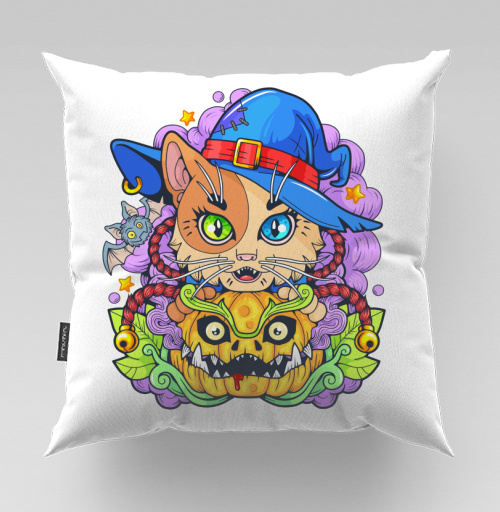 Фотография футболки Кот в шляпе с тыквой и мистикой Halloween