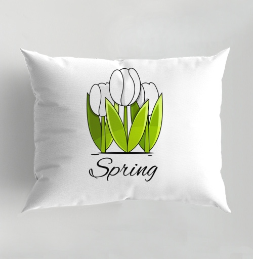 Фотография футболки Белые тюльпаны и зелёные листья весна надпись Spring