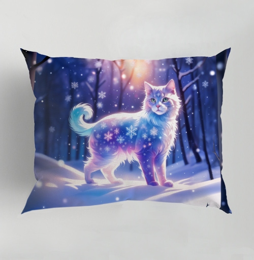 Фотография футболки Белый кот зимой в зимнем лесу снегопадом вместе