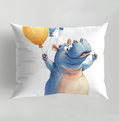 Фотография футболки Watercolor Blue Hippo with Balloons / Акварельный бегемот с шариками