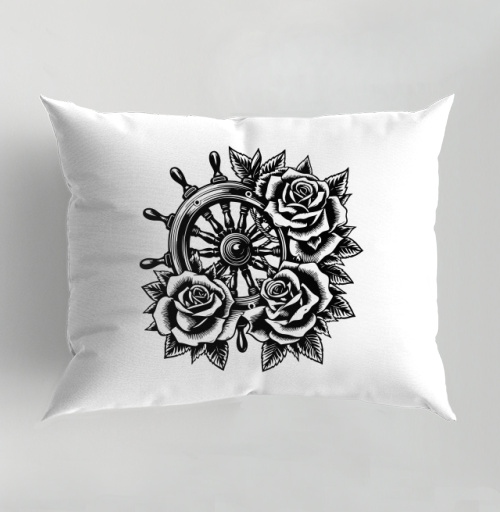 Фотография футболки Штурвал корабля с пышными розами в стиле тату Roses Tattoo Style