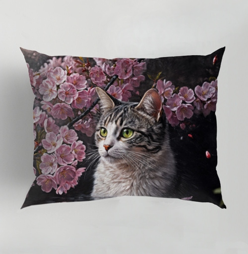 Фотография футболки Cat in sakura – Полосатый кот среди розовых лепестков Кот сакура вишня