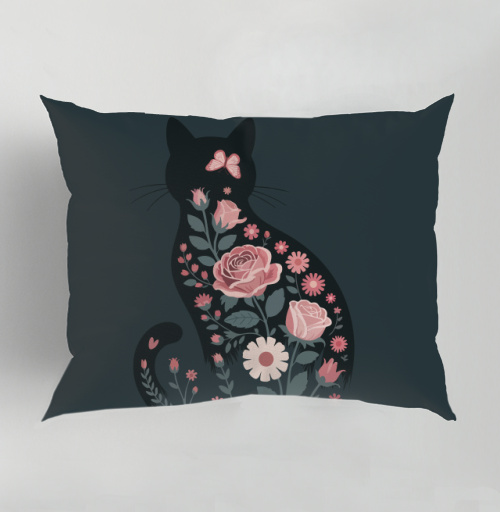 Фотография футболки Изящный грациозный силуэт черного кота в розах Floral cat rose