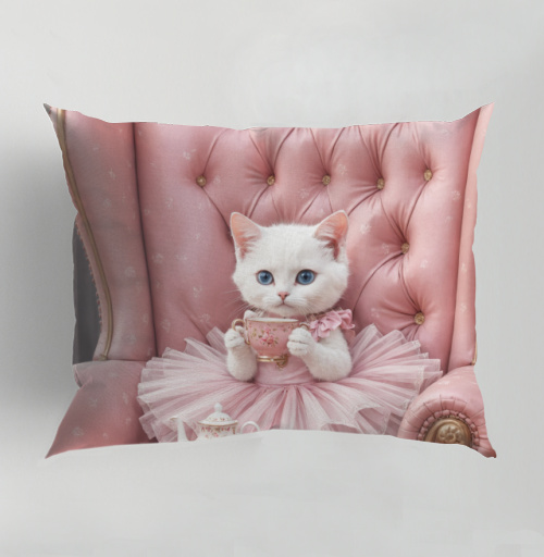 Фотография футболки Белый кот в розовом платье пьёт чай