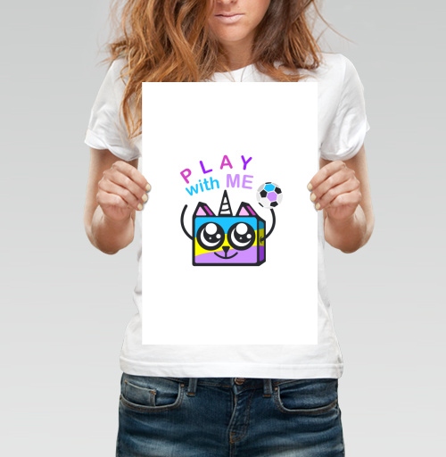 Фотография футболки Play with me. Радужный Кот-единорог.