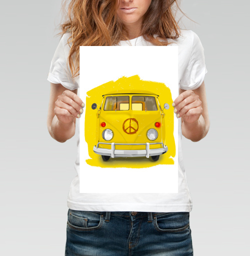 Фотография футболки Яркий жёлтый микроавтобус Volkswagen с символом мира