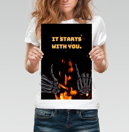 Фотография футболки Скелетные руки и яркое пламя Skeleton Hands Fire мотив силы воли