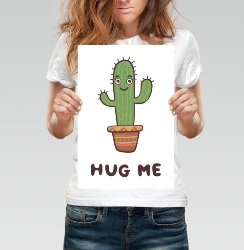 Фотография футболки Зелёный улыбающийся кактус просит обниматься Hug Me