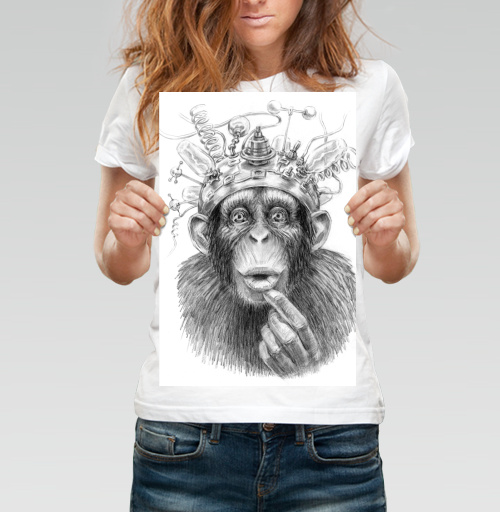 Фотография футболки Графический рисунок «Размышляющий шимпанзе в шлеме»