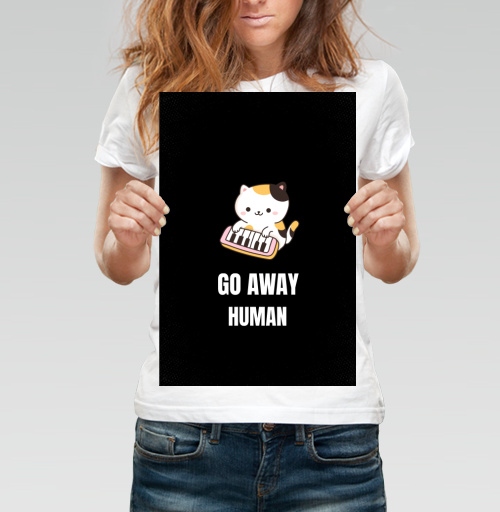 Фотография футболки Мультяшный котёнок с синтезатором и надписью GO AWAY