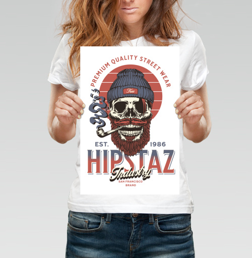 Фотография футболки Череп хипстер с трубкой и бородой для одежды street wear